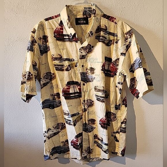 Redhead Hot Rod Drive In Classic Car Print Yellow Short Sleeve Button Mens Xl - Picture 1 of 5